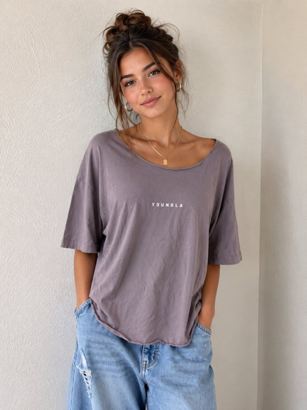 YoungLA Oversized Tee – Women's XL – Taupe/Mauve Relaxed Athleisure Top